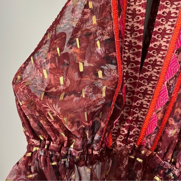 Free People Ria Wine Red & Gold Sleeveless Sheer Embroidered Maxi Top Size XS - Picture 10 of 16